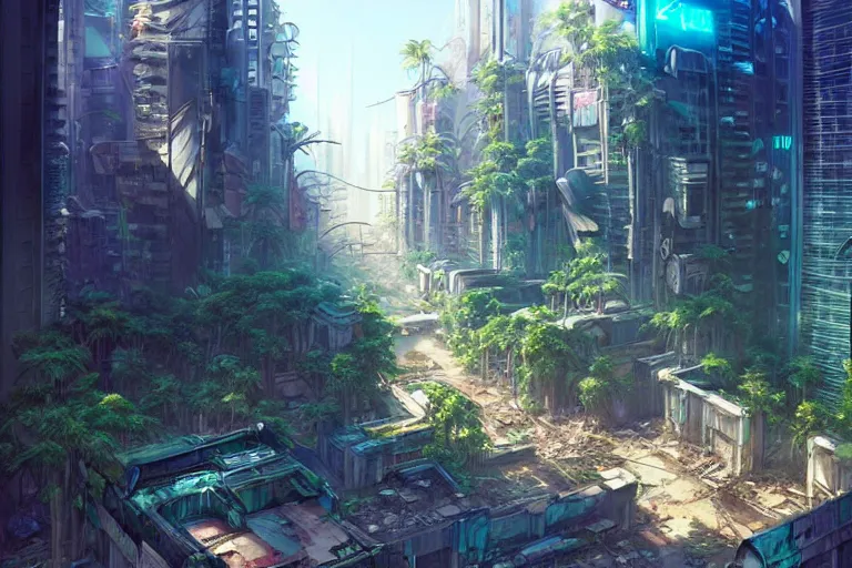 Image similar to a cyberpunk city in ruins, jungle plants overgrowing the streets and buildings, cats run through the ruins, drinking from pools of water and climbing on old fallen signs, by artgerm and amano and rutkowski and kincaid, trending on artstation