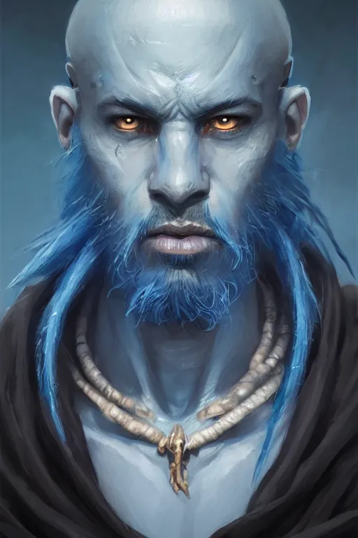 Image similar to portrait of a blue skin genasi with a square jaw from d & d by greg rutkowski, blue skin, caucasian, black dreadlocks and small beard, tempest priest, runic rings, d & d character, blue, ocean background, highly detailed portrait, digital painting, artstation, concept art, smooth, sharp foccus ilustration, artstation hq