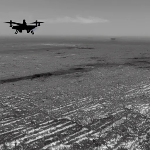 Image similar to combat drone strike war footage, black and white, high contrast, green overlay, nuclear cloud