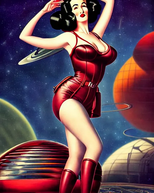 Image similar to retro space dita von teese varga girl posing on a space ship in dieselpunk city, windblown dark hair, retro pinup model, seductive, 1 9 4 0, hyper detailed, digital art, smooth, sharp focus, anna dittmann, gil elvgren, alberto vargas.