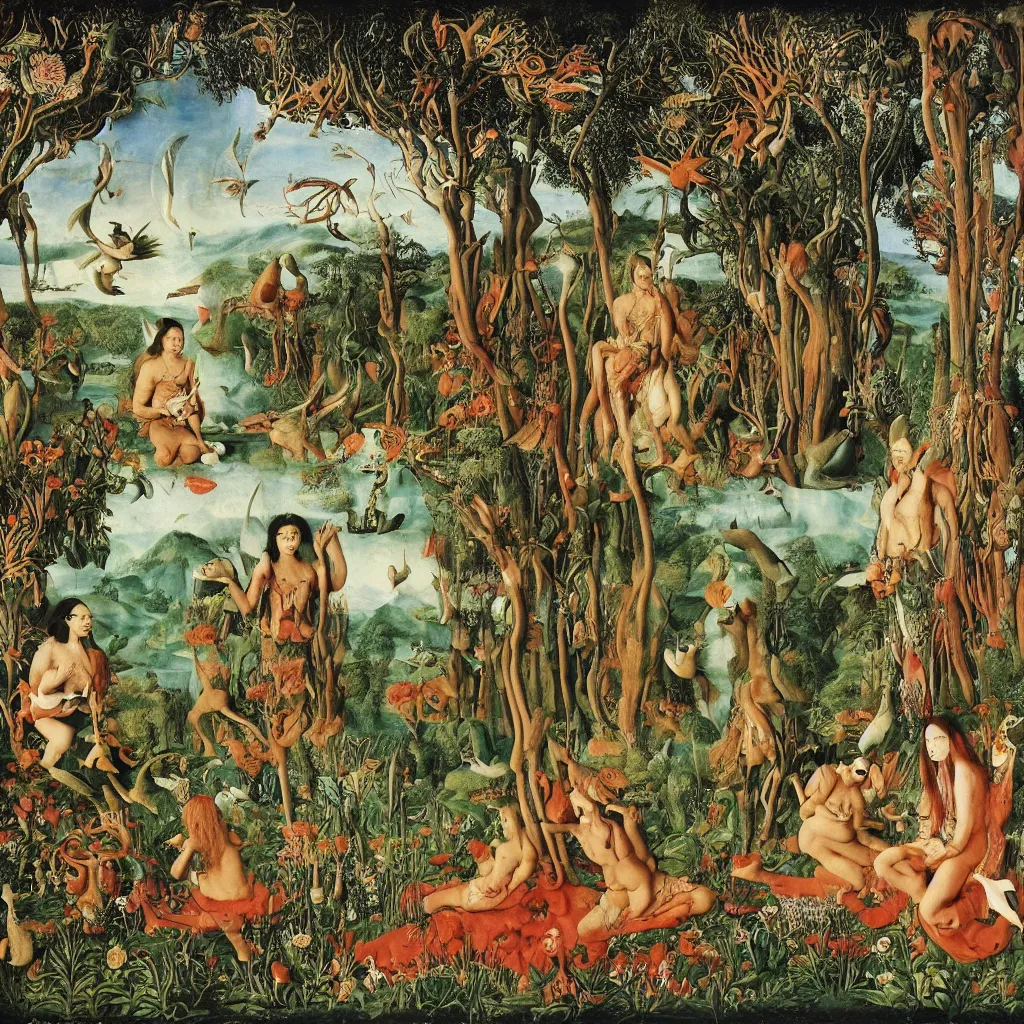 Image similar to a photograph of a meditating centaur shaman and a harpy mermaid feeding animals. surrounded by bulbous flowers, a few trees and wild animals. river delta with mountains under a blue sky full of burning stars and birds. painted by jan van eyck, max ernst, ernst haeckel, ernst fuchs and artgerm. trending on artstation