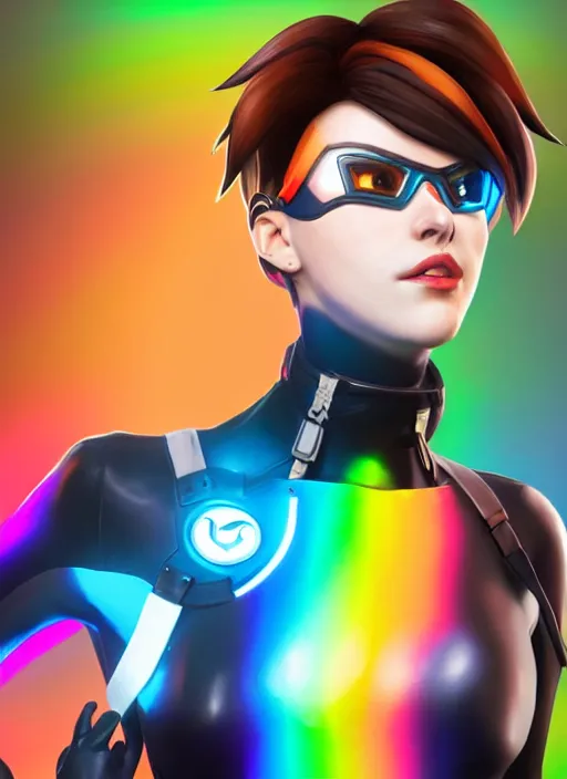 Prompt: full body overwatch style oil painting portrait of tracer overwatch, confident pose, wearing black iridescent rainbow latex, rainbow, neon, 4 k, expressive surprised expression, makeup, wearing black choker, studio lighting, black leather harness, expressive detailed face and eyes,