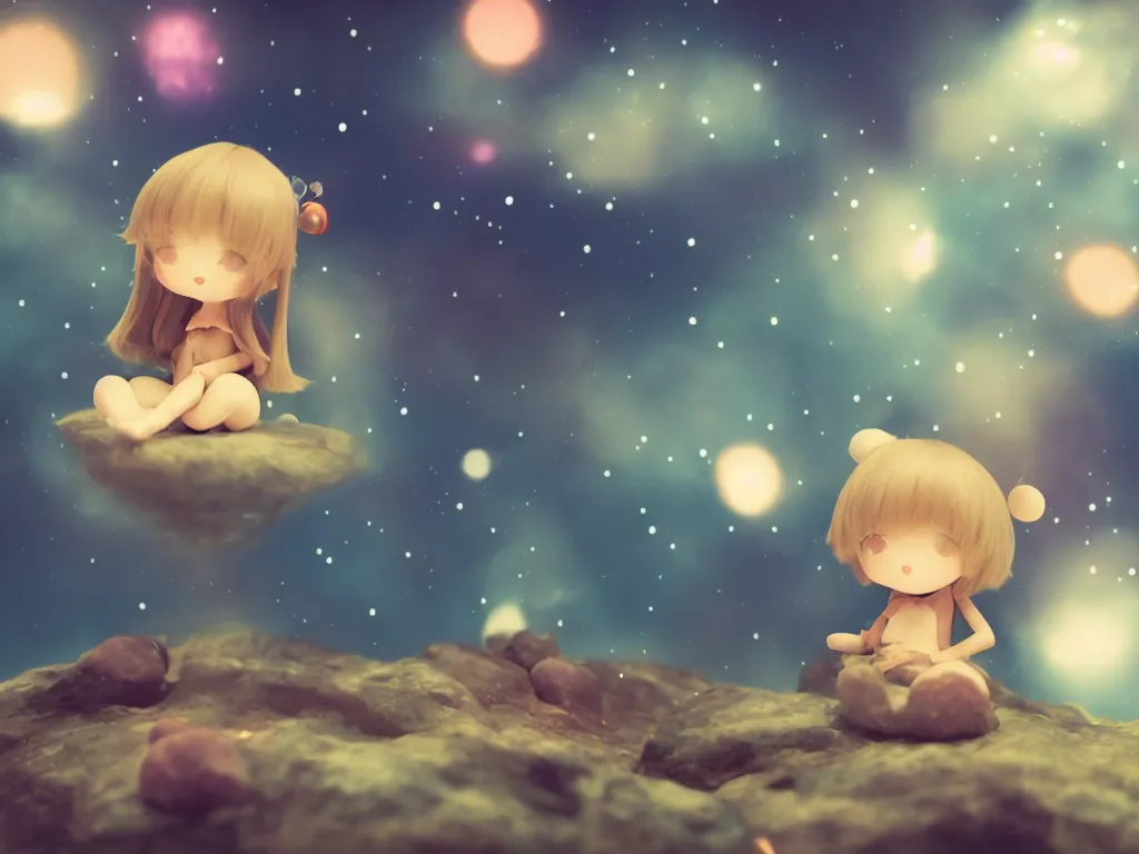 Image similar to cute fumo plush girl sitting on a small island floating in the dark galactic abyss, vignette, bokeh, vray