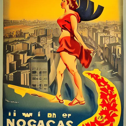 Image similar to ww 2 propaganda poster showing the tropical city of lagos nigeria