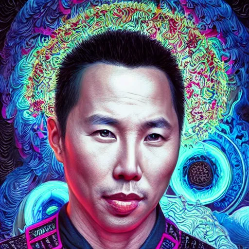 Image similar to portrait of donnie yen, hyper detailed masterpiece, neon floral pattern, jean giraud, digital art painting, darkwave goth aesthetic, psychedelic, artgerm, donato giancola and tom bagshaw