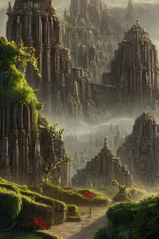 Prompt: cinematic fantasy landscape, brutalist Aztec architecture, manicured gardens and topiary by Jessica Rossier and HR Giger