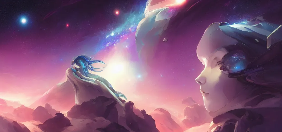 Prompt: a dramatic upward angle of a beautiful galaxy, view from a starship, digital art, incredibly beautiful render, art by artgerm and brian sum cinematic lighting, very coherent, hyper realism, high detail, 8 k jesper ejsing, by rhads, makoto shinkai and lois van baarle