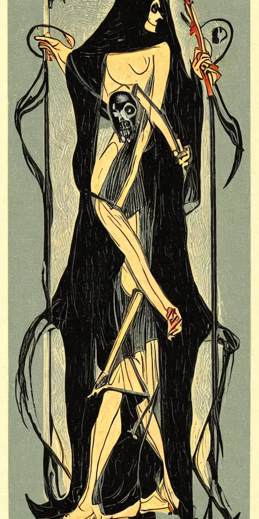 Image similar to an art deco illustration of the grim reaper on a tarot card with an elegant border