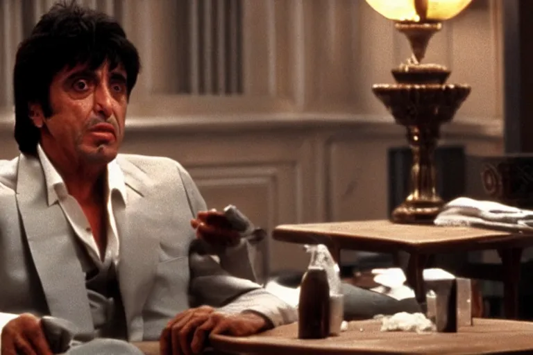 Image similar to tony montana from movie scarface 1 9 8 3 sitting behind a big black oak table with big large packages of flour. al pacino. perfect symmetric face, coherent eyes, medium shot, fine details, 4 k, ron cobb. last scene from scarface movie, bokeh