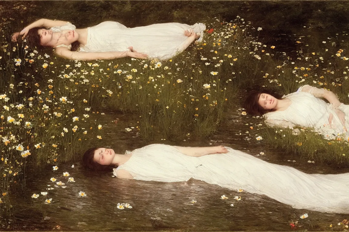 Image similar to Beautiful woman lying horizontal in a dark water stream. Flowers in hand. White dress, light dark long hair. Apathetic, pale. Poppies, daisies, pansies. Most accurate and elaborate studies of nature ever made. The background Hogsmill river in Surrey, rich Forest, dark, wood, bushes. Naturalistic. Painting by John Everett Millais.