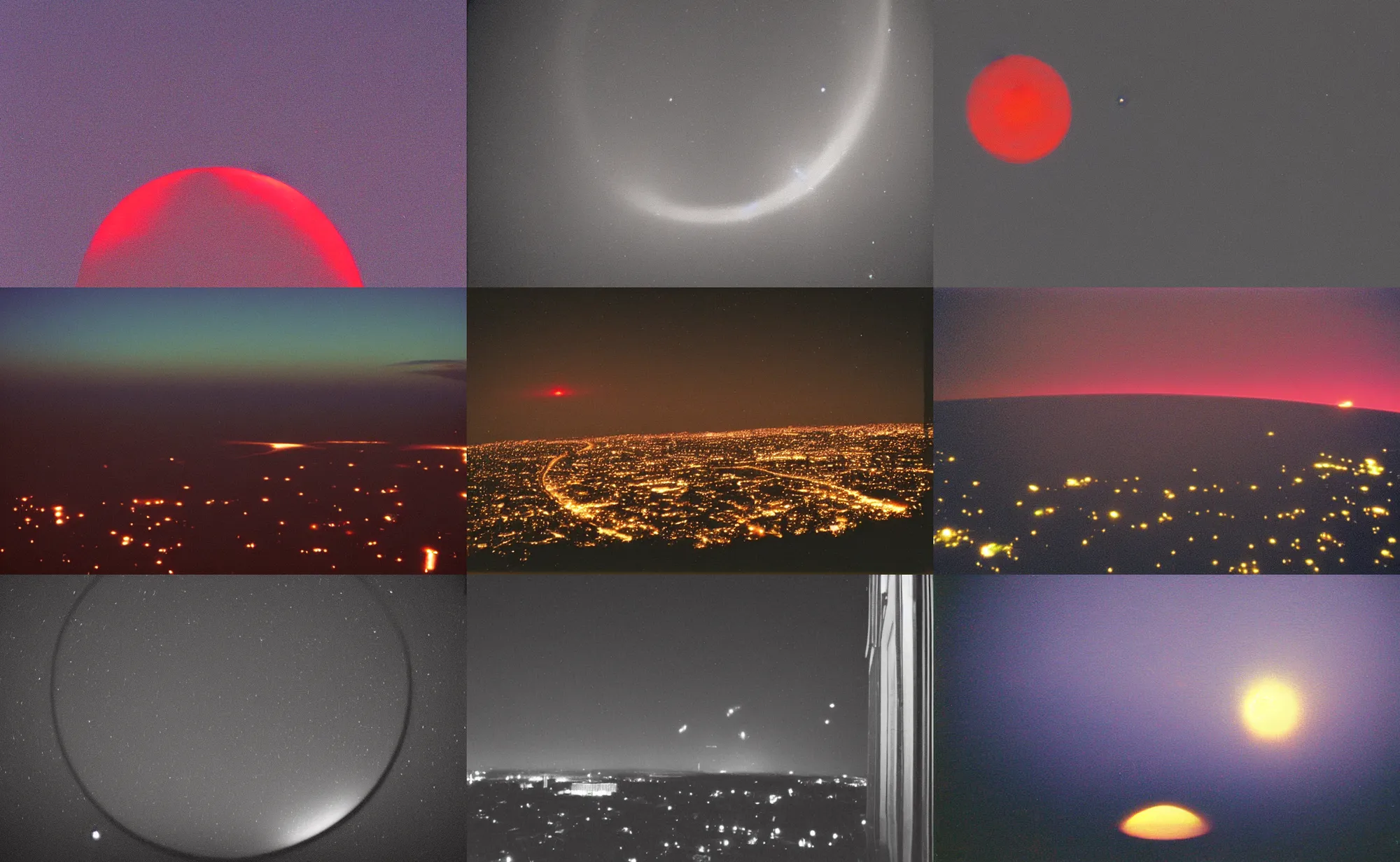 Prompt: a giant red glowing spot is visible in the sky, night, view from a window, 1998 photo