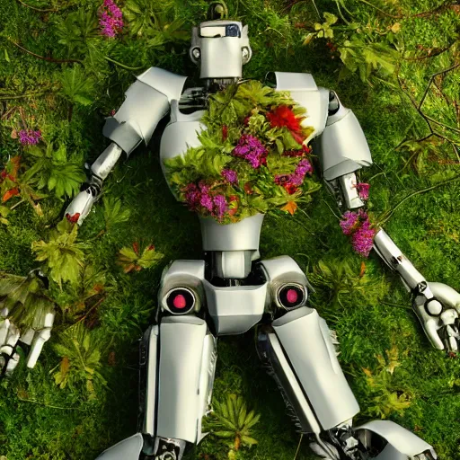 Image similar to beautiful overgrown foliage taking over an ( beautiful abandoned human - shaped robot body laying on the ground ), close - up, 3 5 mm, biopunk, bokeh, beautiful, lens flare, emotional, sweet, flowers, detailed, picture, trending on artstation, award - winning, shiny, golden, angle view, octane render