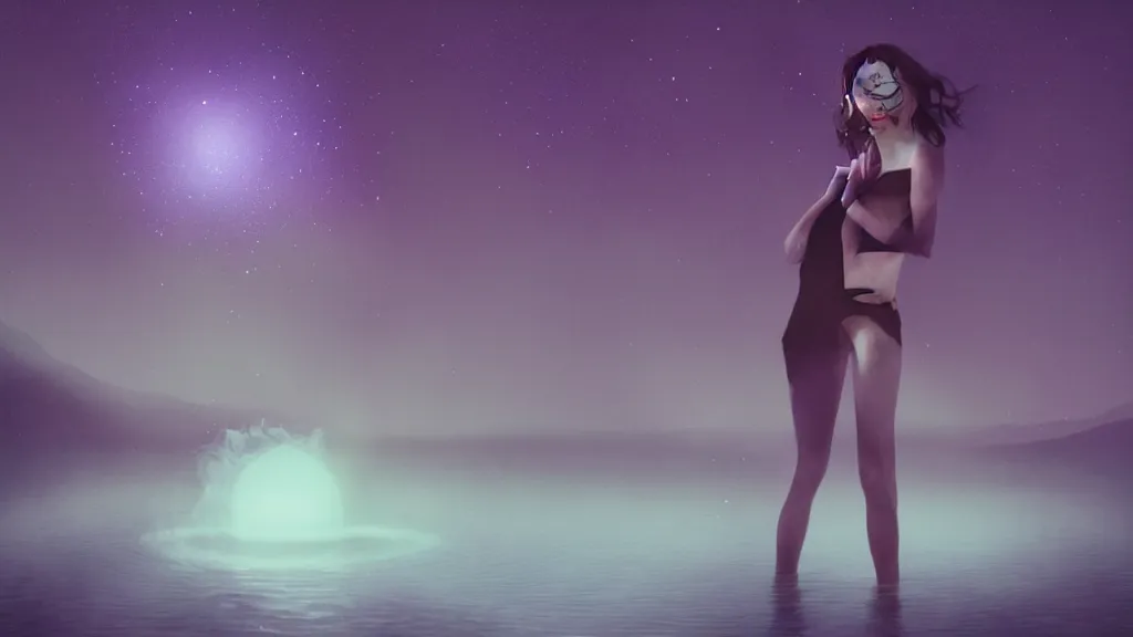 Image similar to whimsical, a single beautiful playful woman, wearing professional makeup, standing in a lake, blowing trippy smoke, under the stars, with a binary black hole with a ring in the sky, by Lois van Baarle, by Greg Rutkowski, by Ilya Kuvsninov, cinematic angle, face enhance, volumetric lighting, cinematic lighting, digital art, 4k resolution, octane render, trending on artstation, masterpiece