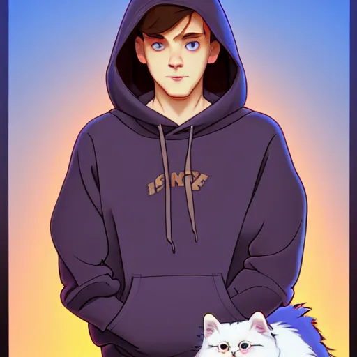 Image similar to teen boy with brown hair and big blue eyes, wearing a hoodie, fluffy white persian cat, natural lighting, path traced, highly detailed, high quality, cartoon, digital painting, by don bluth and ross tran and studio ghibli and alphonse mucha