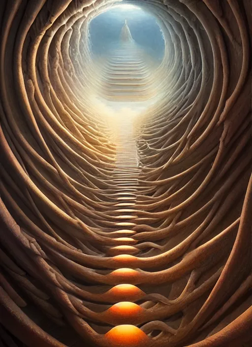 Prompt: a hyper - detailed 3 d render like a oil painting of the construction of a upward spiral, surrealism!!!!! surreal concept art, lifelike, photorealistic, digital painting, aesthetic, smooth, sharp focus, artstation hd, by greg rutkowski, bruce pennington, valentina remenar and asher duran,
