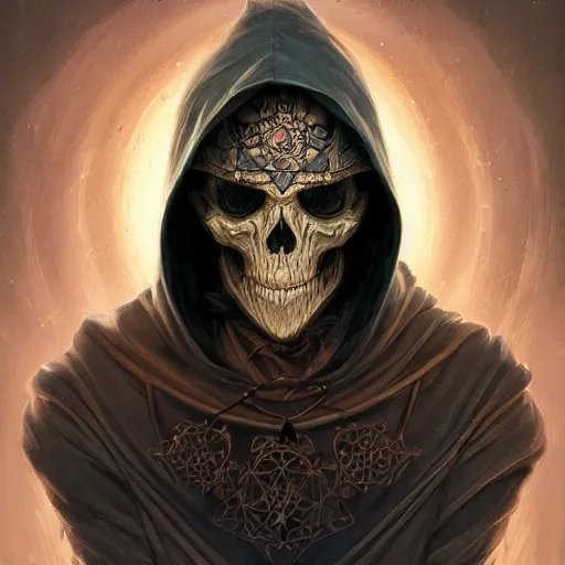 Image similar to portrait of archmage skeleton in a hoodie, d & d, face, fantasy, intricate, elegant, highly detailed, digital painting, artstation, concept art, smooth, sharp focus, illustration, art by artgerm and greg rutkowski and alphonse mucha