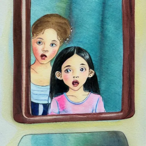 Prompt: rear view of a dark haired young girl and her reflection in a mirror, shocked expression, hand over mouth, 1990s bedroom, children's book illustration, watercolor, line drawing