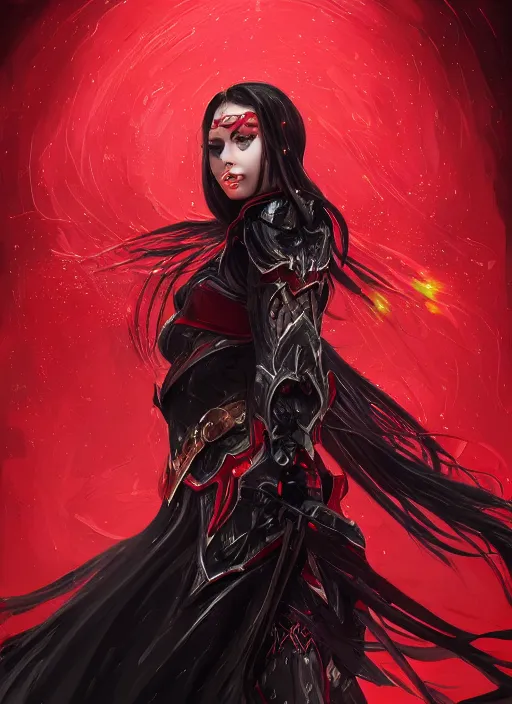 Image similar to a highly detailed illustration of elegant long black haired woman wearing red and black battle dress, heroically posing, with rainbow magic surrounding her, intricate, elegant, highly detailed, centered, digital painting, artstation, concept art, smooth, sharp focus, league of legends concept art, WLOP