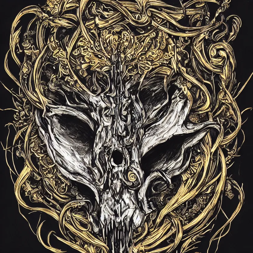 Image similar to photo of wolf skull on bones, dramatic lighting, circural, golden ornaments, symmetric, intricate skeletal decorations, symmetry, highly detailed, concept art, black, glimpse of red, white, gold layers, centered, style of nekroxiii, hyperrealistic, black background, smoke