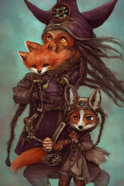 Image similar to cute little anthropomorphic foxy witch wearing a cape and a dreadlocks, tiny, small, miniature fox, baby animal, short, pale woodcut armor, cute and adorable, pretty, beautiful, steampunk character art portrait, matte fantasy painting, DeviantArt Artstation, by Jason Felix by Steve Argyle by Tyler Jacobson by Peter Mohrbacher, cinematic lighting