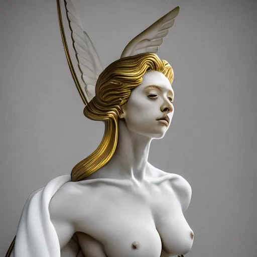 Image similar to a statue made of white marble with gold veins, of an beautiful gorgeous angel girl, full body shot, perfect symmetrical body, perfect symmetrical face, no eyes, hyper realistic, hyper detailed, fujicolor superia 1 6 0 0 photo, by peter kemp, by monia merlo, by michelangelo octane render, blender, 8 k