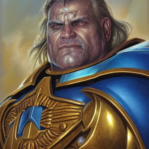 Image similar to Roboute Guilliman Primarch of the Ultramarines, closeup portrait art by Donato Giancola and James Gurney, digital art, trending on artstation