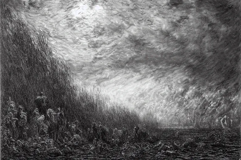 Prompt: a mad god is tearing up the world by gustave dore by claude monet