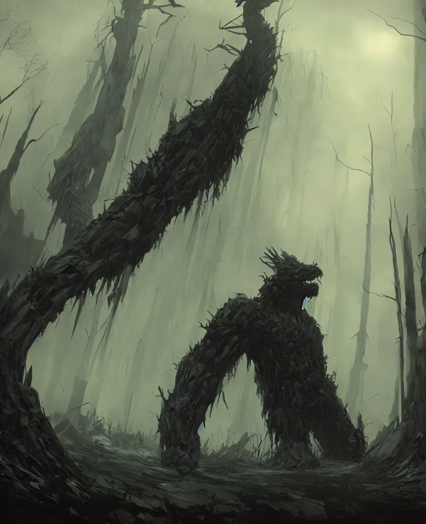 Image similar to one giant monster made of black smoke in the middle of a forest, concept art by max svabinsky, cgsociety contest winner, altermodern, concept art, apocalypse art, artstation hq