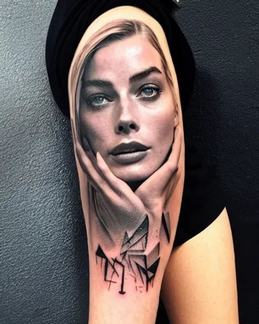 Image similar to creative double exposure effect tattoo design sketch of margot robbie face blended in beautiful mountain scenery, realism tattoo, in the style of matteo pasqualin, amazing detail, sharp