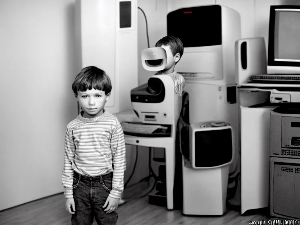 Image similar to realistic detailed image of a standing figure of a five years old boy in front of a PC computer from 90s in an old dirty soviet apartment, Photographed with Leica Summilux-M 24 mm lens, ISO 100, f/8, Portra 400, kodak film, anamorphic lenses. high quality