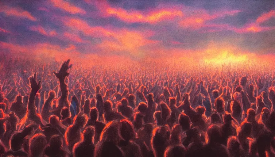 Image similar to painting of a crowd with raised arms pointing towards a glowing sky, volumetric lighting, nasty, hyperdetailed, realistic