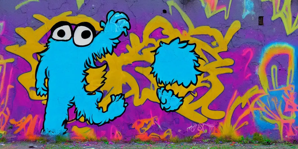 Prompt: Cookie monster with psychedelic colorful eyes, spraypainted on a wall, award-winning graffiti, 15mm wide-angle photograph