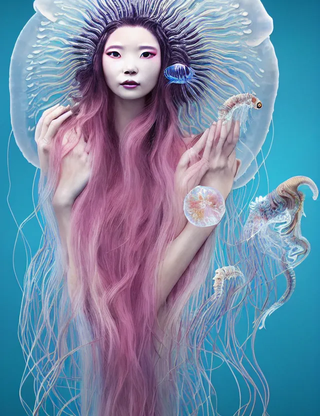 Image similar to 3 d goddess jellyfish half - turn portrait with long hair with ram skull. beautiful intricately detailed japanese crow kitsune mask and clasical japanese kimono. betta fish, jellyfish phoenix, bio luminescent, plasma, ice, water, wind, creature, artwork by tooth wu and wlop and beeple and greg rutkowski