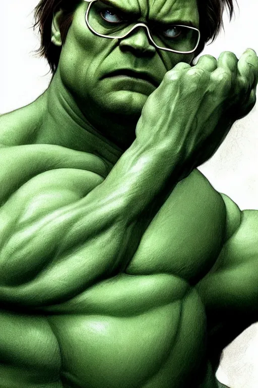 Image similar to Dwight Schrute as Hulk, Hulk costume, Dwight Schrute hairstyle, Hulk body type, Dwight Schrute Face, calm, grumpy, portrait, masculine figure, highly detailed, digital painting, artstation, concept art, smooth, sharp focus, illustration, cinematic lighting, art by artgerm and greg rutkowski and alphonse mucha