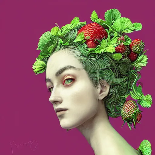 Prompt: the portrait of an absurdly beautiful, graceful, elegant, sophisticated woman made of strawberries and green petals, an ultrafine hyperdetailed illustration by kim jung gi, irakli nadar, golden ratio, intricate linework, bright colors, octopath traveler, final fantasy, unreal engine 5 highly rendered, global illumination, radiant light, detailed and intricate environment