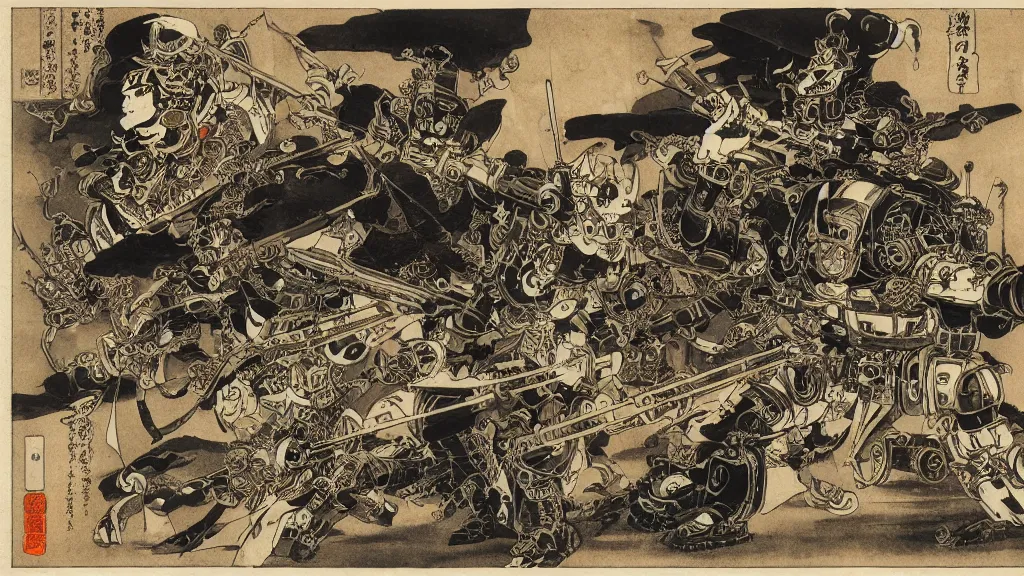 Prompt: steampunk samurai mech in the style of Utagawa Kuniyoshi, classical japanese art, sci-fi illustrations, mechwarrior, battletech, gundam, highly detailed, award-winning, patriotic, japanese, dark, gritty, ink