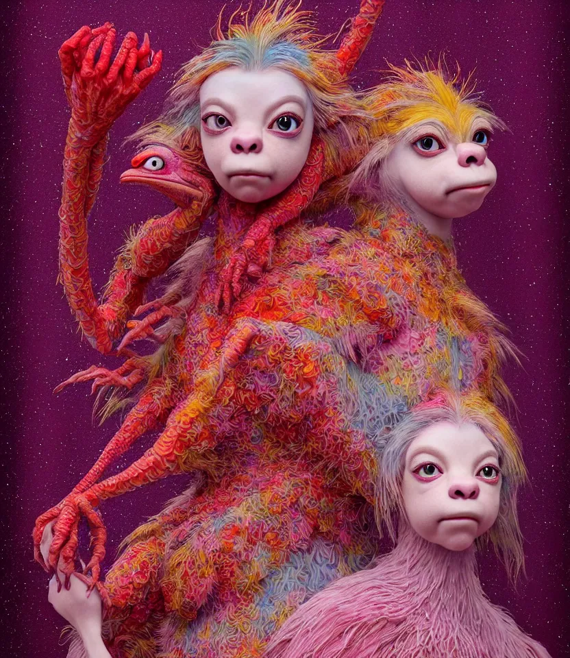 Prompt: hyper detailed 3d render like a Oil painting - kawaii portrait of sisters Aurora (a beautiful girl skeksis muppet fae princess protective playful expressive acrobatic from dark crystal that looks like Anya Taylor-Joy) seen red carpet photoshoot in UVIVF posing in scaly dress to Eat of the Strangling network of yellowcake aerochrome and milky Fruit and His delicate Hands hold of gossamer polyp blossoms bring iridescent fungal flowers whose spores black the foolish stars by Jacek Yerka, Ilya Kuvshinov, Mariusz Lewandowski, Houdini algorithmic generative render, golen ratio, Abstract brush strokes, Masterpiece, Edward Hopper and James Gilleard, Zdzislaw Beksinski, Mark Ryden, Wolfgang Lettl, hints of Yayoi Kasuma and Dr. Seuss, Grant Wood, octane render, 8k