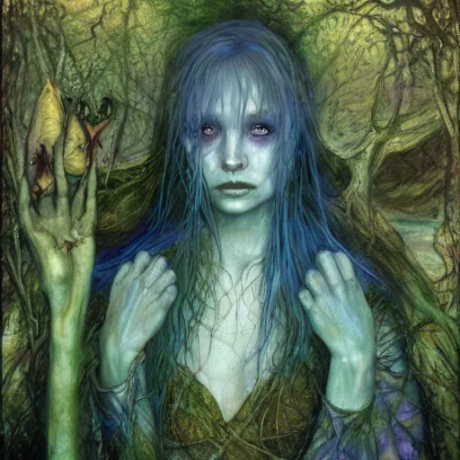 Image similar to rusalka of the blighted swamp, by brian froud, cold colors, oil on canvas