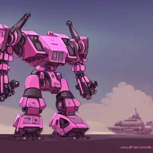 Image similar to concept art of an heavy warmech, pink and cute mech, canons and railguns, photoshop, trending on artstation by alex ichim and evan leep and salvatorre yazzie, # mechanical design, # mecha, # digital 2 d, # character design
