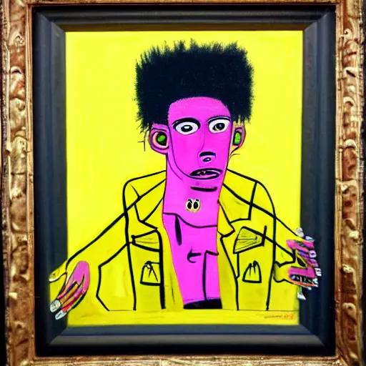 Prompt: pink and yellow detailed neo expressionism oil painting of sad boy rapper crying with tattoos by basquiat