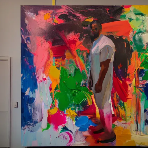 Image similar to _ in _ these _ paintings _ we _ see _ a _ big _ man _ who _ seem _ to _ be _ walking _ in _ circles in an empty void space, 4 k, in the style of ben quilty, hyper realism, minimal green and pink palette, medium shot, oil paint with thick brushstrokes of paint, impasto, detailed,