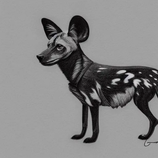 Prompt: A drawing of an African wild dog wearing a jacket.