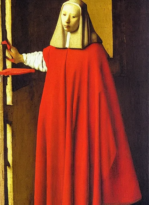 Prompt: red cloth, medieval painting by jan van eyck, johannes vermeer