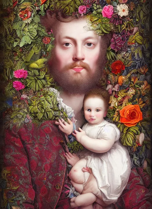Prompt: father with beautiful child, head overgrown by maximalist mixed media collage plants. flemish baroque and gothic details. vibrant colours matte background. beautiful. amazing. rococo. HD 8x