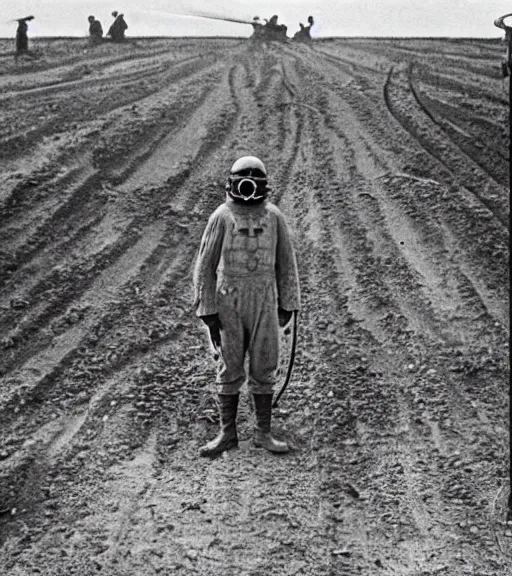 Image similar to man in a hazmat suit and gasmask in distance, ww1 film photo, grainy, high detail, high resolution