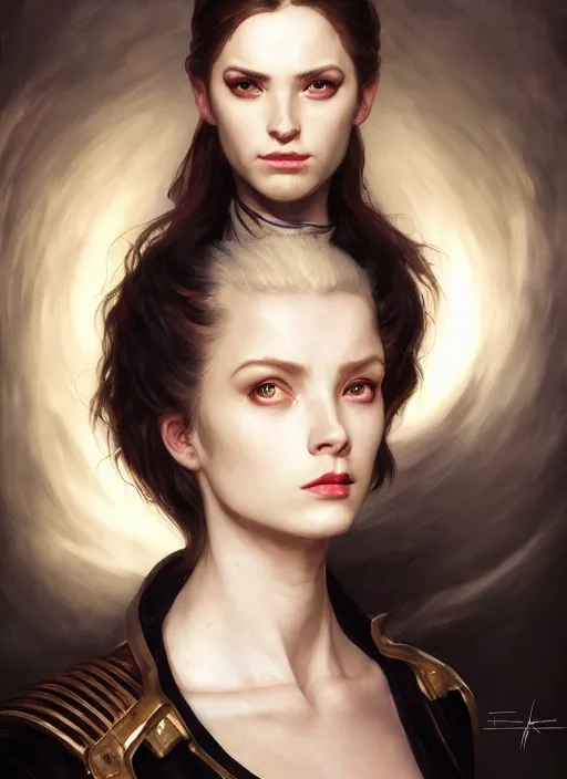 Image similar to portrait demon half human, elegant, wearing a bomber jacket, armor, hyper realistic, horns, extremely detailed, dnd character art portrait, fantasy art,, dramatic lighting, vivid colors, deviant art, artstation, by edgar maxence and caravaggio and michael whelan and delacroix, lois van baarle and bouguereau