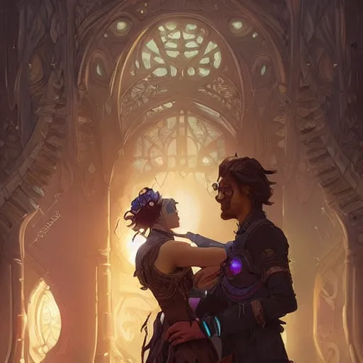 Prompt: a young couple hugging each other in a solarpunk city, D&D, fantasy, intricate, elegant, highly detailed, digital painting, artstation, concept art, matte, sharp focus, illustration, hearthstone, art by Artgerm and Greg Rutkowski and Alphonse Mucha