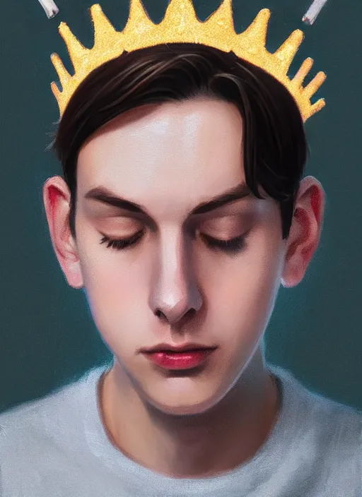 Image similar to portrait of teenage jughead jones wearing a light grey crown, photorealistic, crown, eyes closed, crown, black hair, sweater with letter s on it, letter s, intricate, elegant, glowing lights, highly detailed, digital painting, artstation, concept art, smooth, sharp focus, illustration, art by wlop, mars ravelo and greg rutkowski