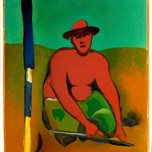 Image similar to a fauvist painting of a man deep in a hole with a shovel, after sunset,