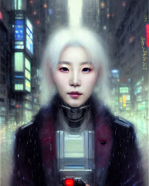 Image similar to beautiful portrait of kang seul - gi, ultra white hair, android, in rainy city street, cyberpunk, wearing tactical gear, by gaston bussiere, craig mullins, j. c. leyendecker, gustav klimt, artgerm, greg rutkowski